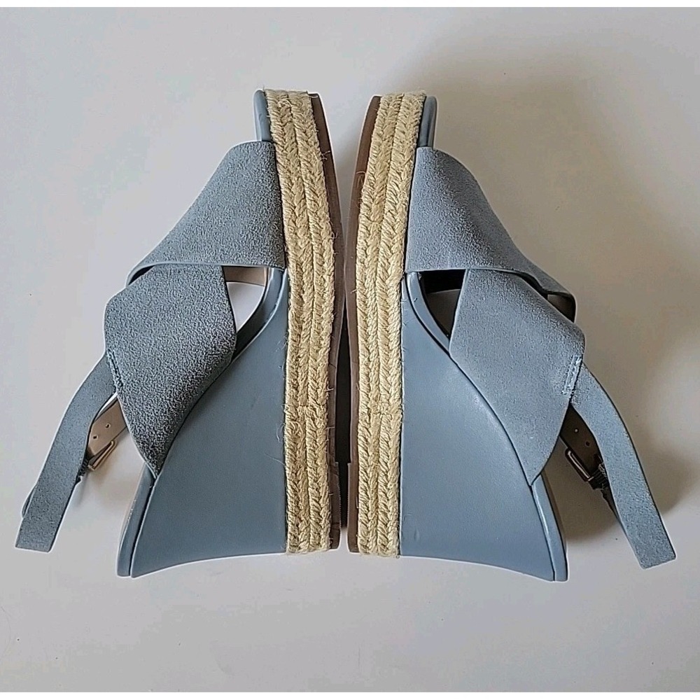 H Halston Stella Slingback Sandals 8.5M Powder Blue Suede Chambray Wedge Heel - Picture 6 of 16